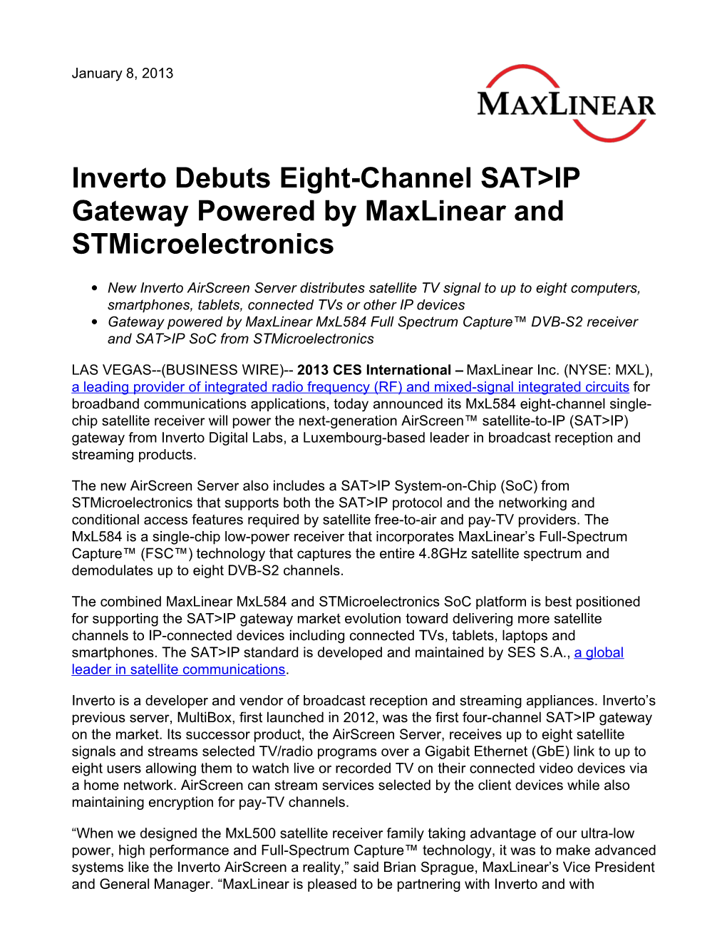 Inverto Debuts Eight-Channel SAT&gt;IP Gateway Powered by Maxlinear