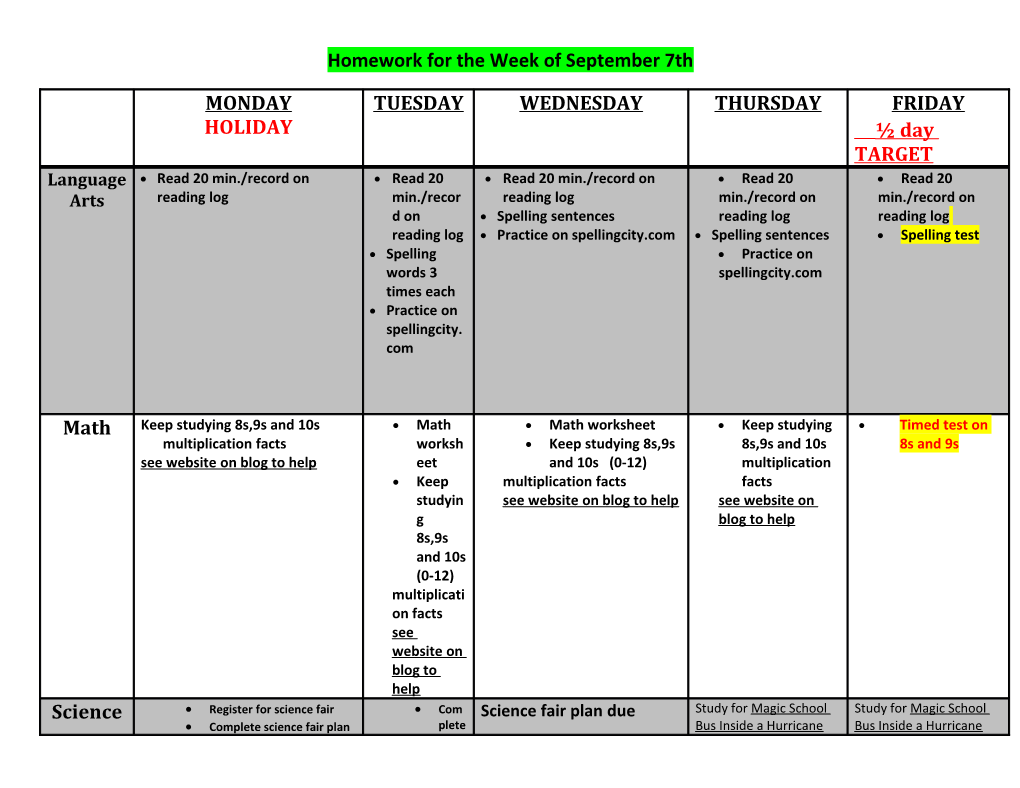 Homework for the Week of September 7Th