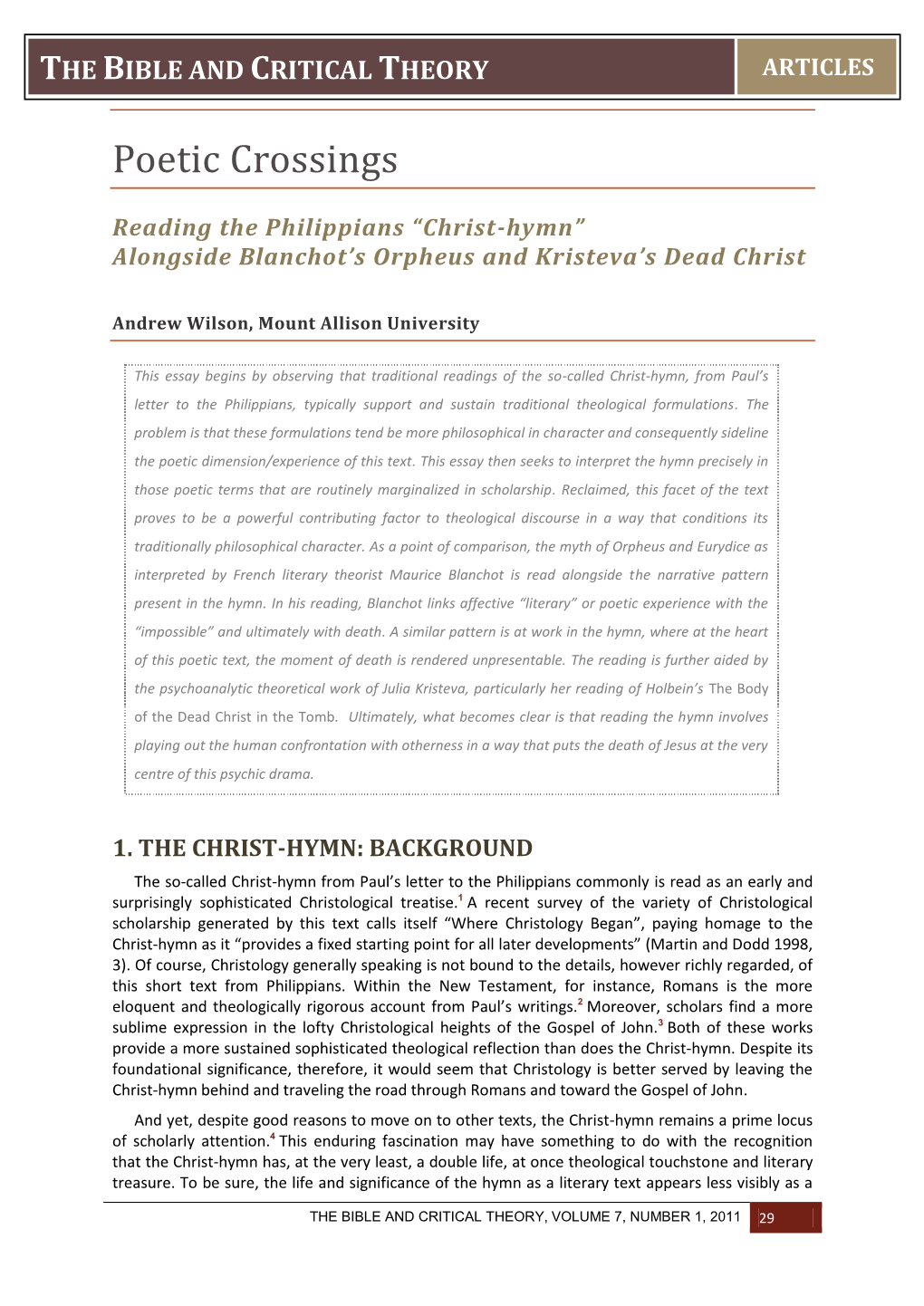 Christ-Hymn” Alongside Blanchot’S Orpheus and Kristeva’S Dead Christ