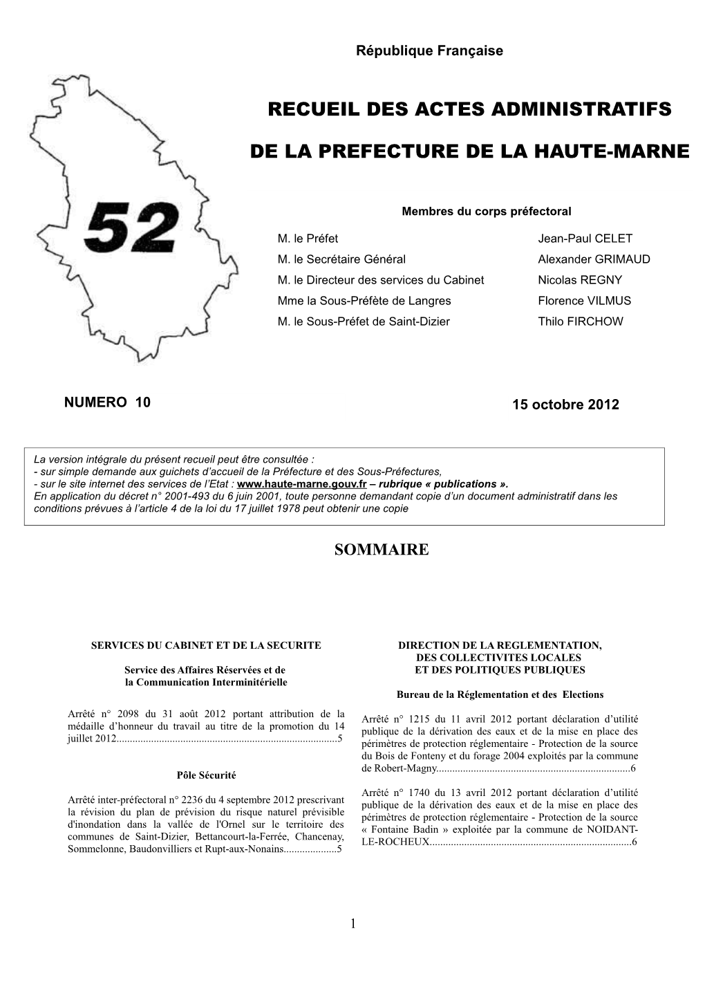 Recueil Des Actes Administratifs De La Préfecture Et Des Services Déconcentrés De L’Etat