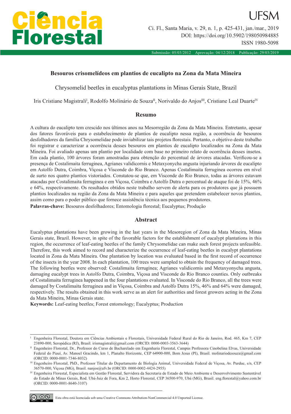 Besouros Crisomelídeos Em Plantios De Eucalipto Na Zona Da Mata Mineira Chrysomelid Beetles in Eucalyptus Plantations in Minas