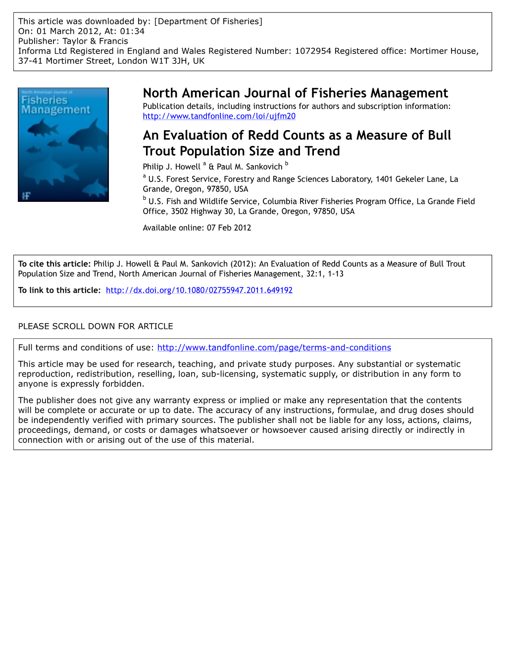 An Evaluation of Redd Counts As a Measure of Bull Trout Population Size and Trend Philip J