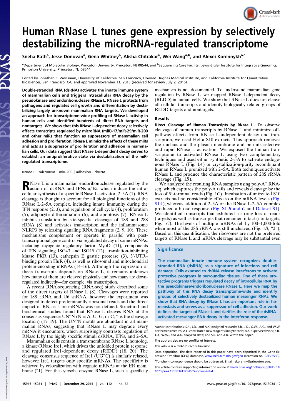 Human Rnase L Tunes Gene Expression by Selectively Destabilizing the Microrna-Regulated Transcriptome