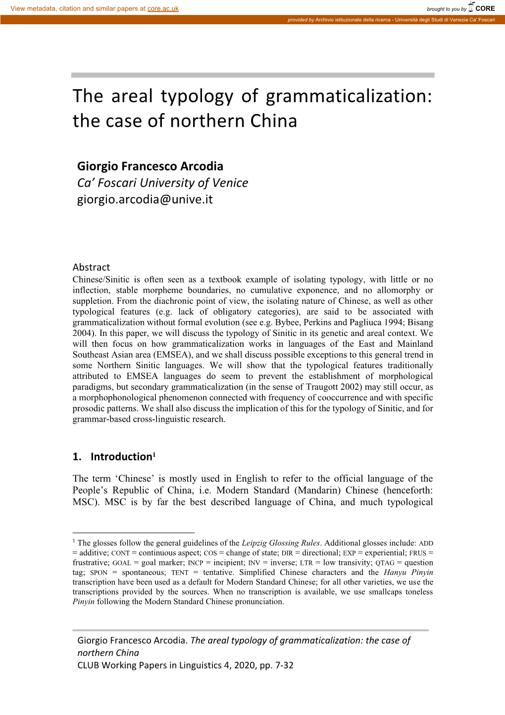 The Areal Typology of Grammaticalization: the Case of Northern China