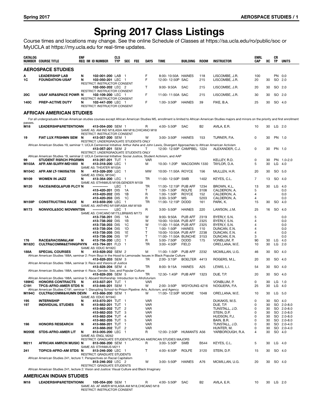 Spring 2017 Class Listings Course Times and Locations May Change
