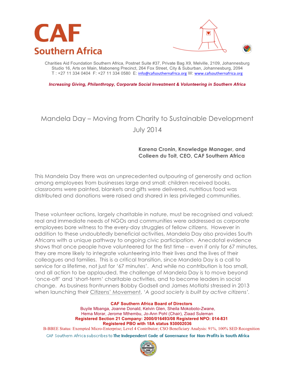 Mandela Day – Moving from Charity to Sustainable Development July 2014