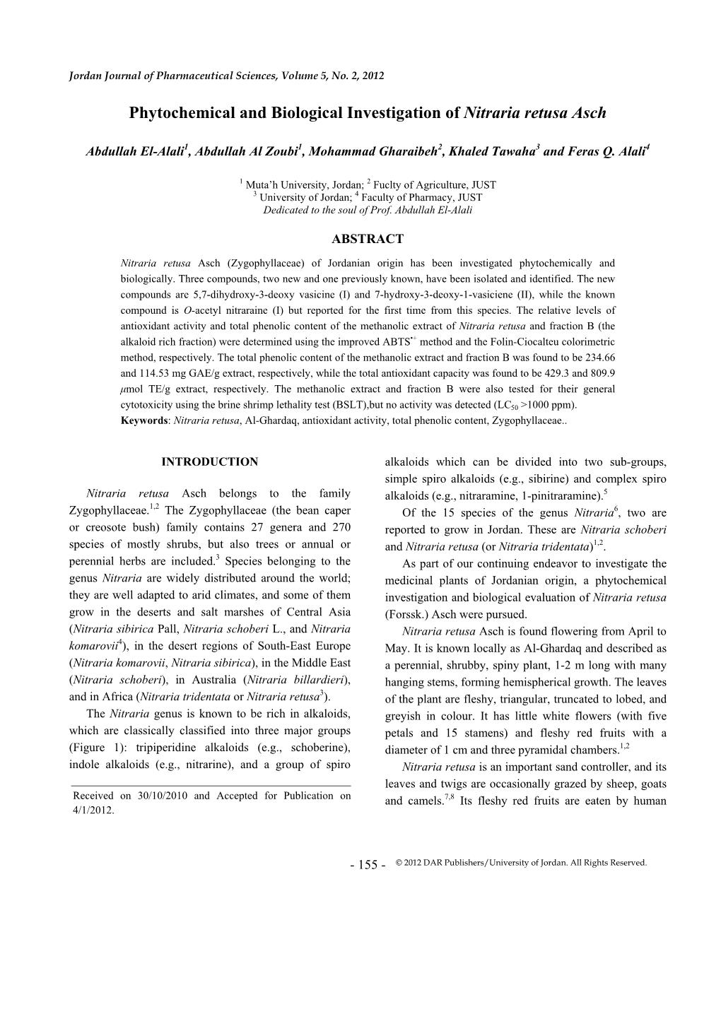 Phytochemical and Biological Investigation of Nitraria Retusa Asch