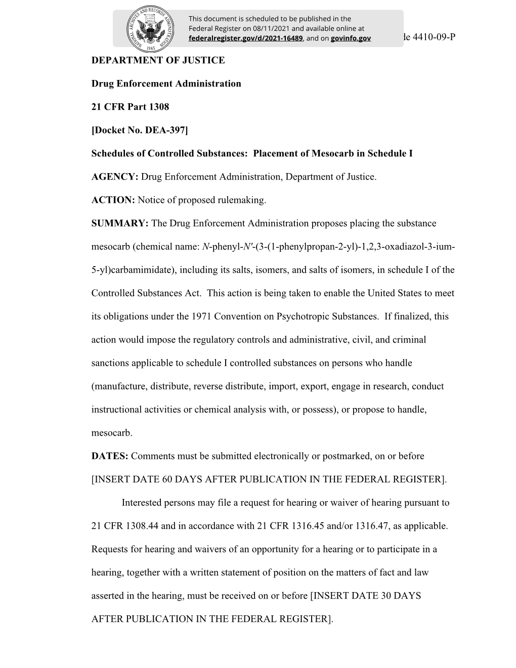 Schedules of Controlled Substances: Placement of Mesocarb in Schedule I