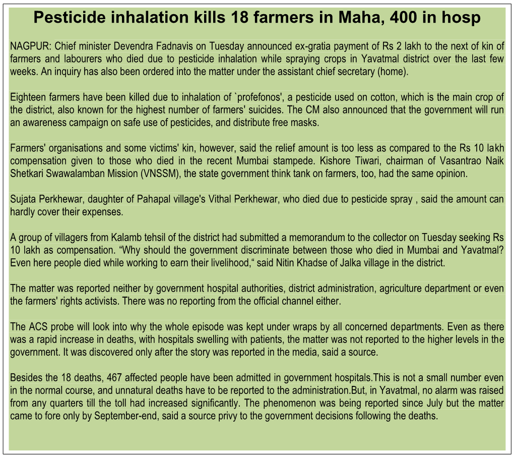 Pesticide Inhalation Kills 18 Farmers in Maha, 400 in Hosp