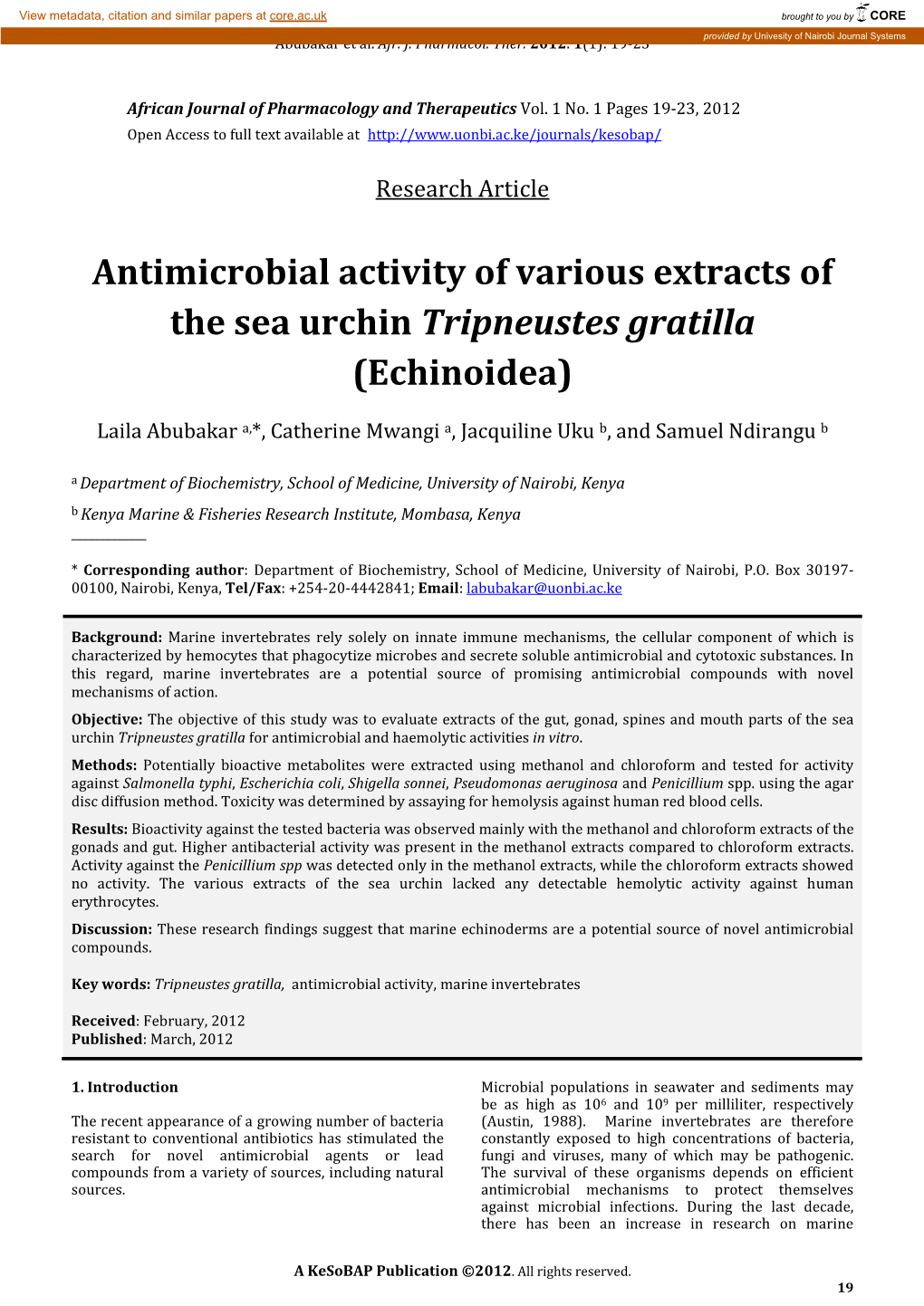 Antimicrobial Activity of Various Extracts of the Sea Urchin Tripneustes Gratilla (Echinoidea)