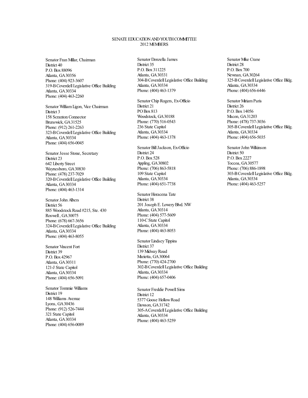 Senate Education and Youth Committee 2012 Members