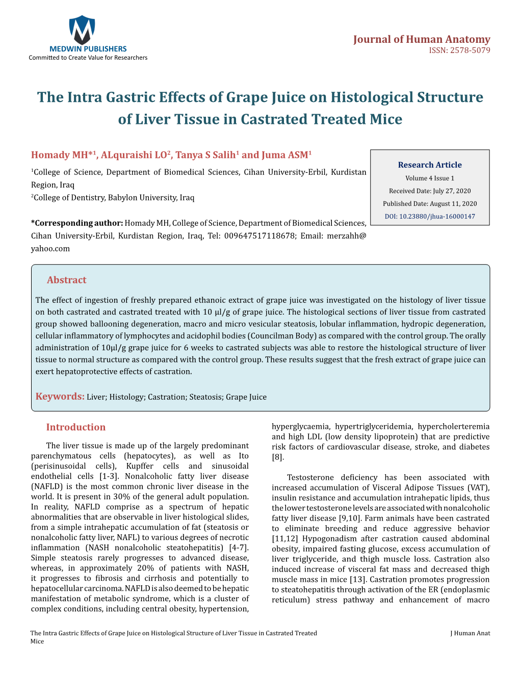 The Intra Gastric Effects of Grape Juice on Histological Structure of Liver Tissue in Castrated Treated Mice