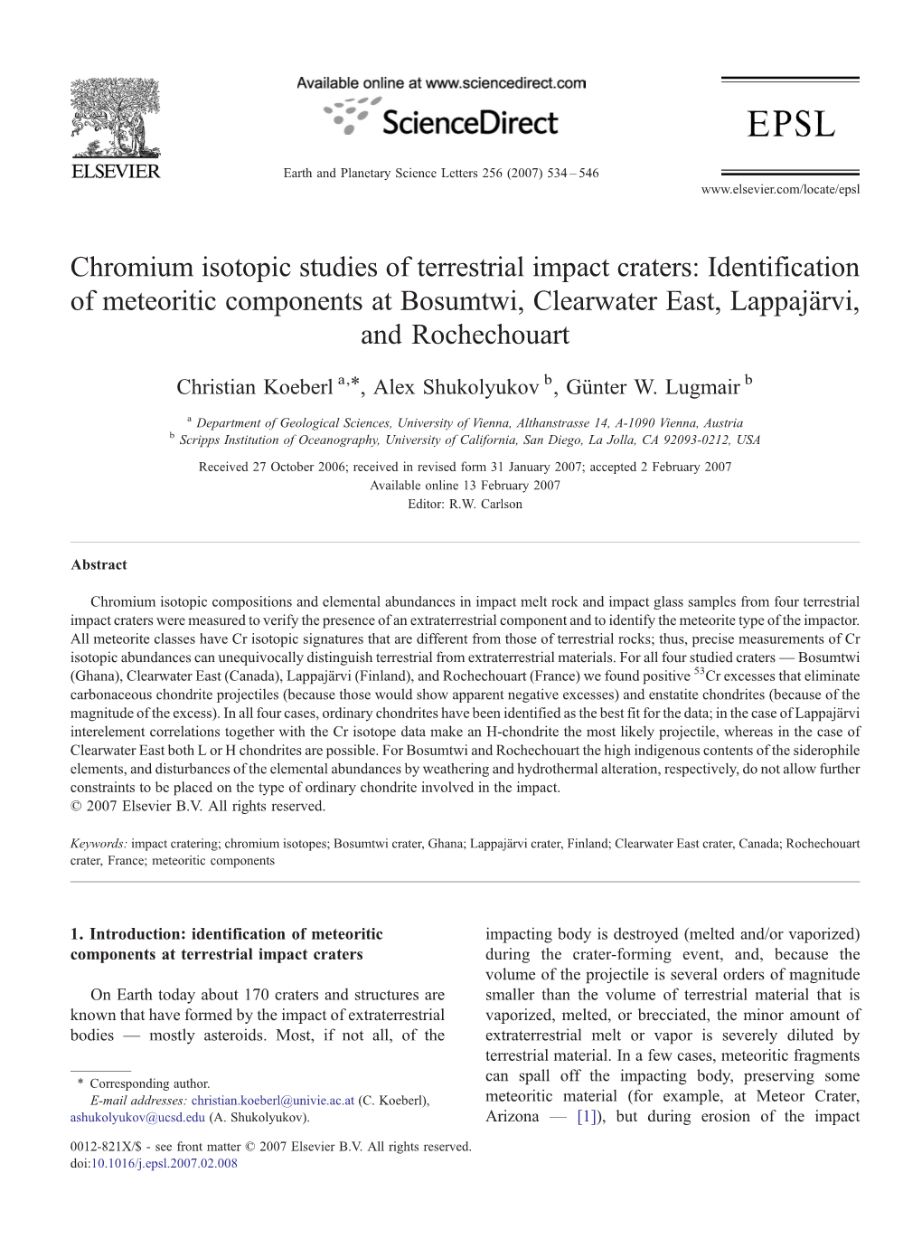 Chromium Isotopic Studies of Terrestrial Impact Craters