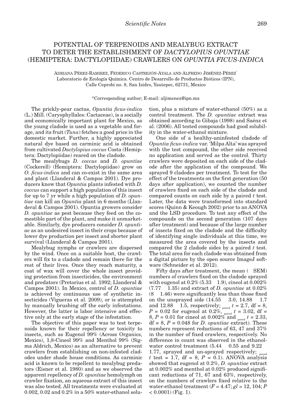 Potential of Terpenoids and Mealybug Extract to Deter the Establishment of Dactylopius Opuntiae (Hemiptera: Dactylopiidae) Crawlers on Opuntia Ficus-Indica