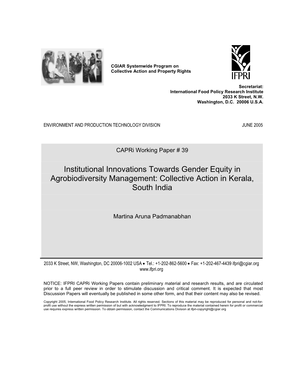 Institutional Innovations Towards Gender Equity in Agrobiodiversity Management: Collective Action in Kerala, South India