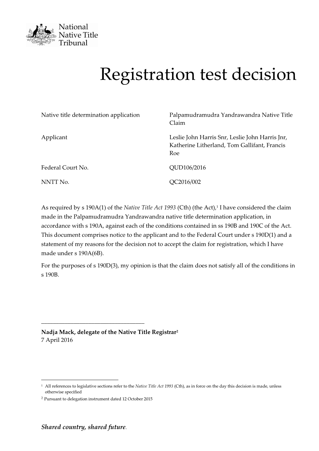 Registration Test Decision