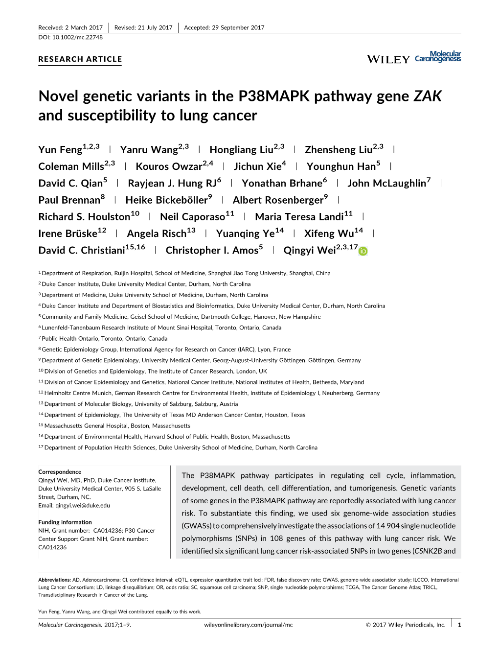 Novel Genetic Variants in the P38MAPK Pathway Gene ZAK and Susceptibility to Lung Cancer