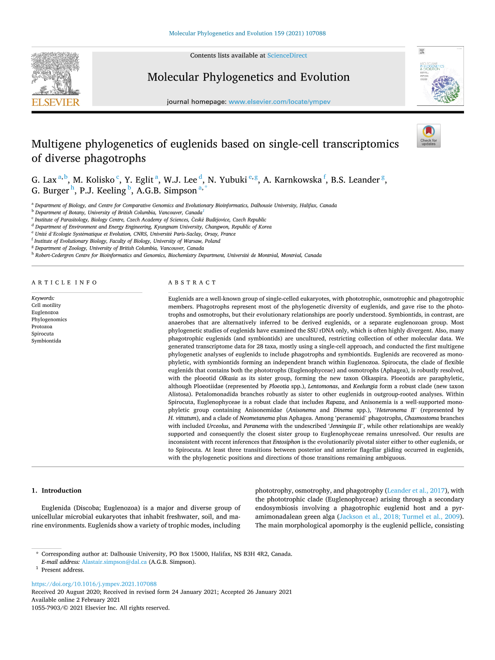 Multigene Phylogenetics of Euglenids Based on Single-Cell Transcriptomics of Diverse Phagotrophs