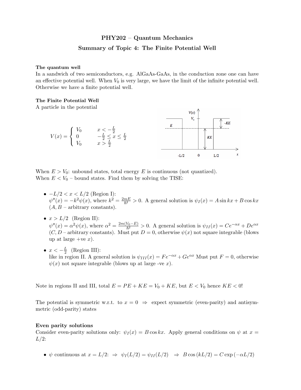 PHY202 – Quantum Mechanics Summary of Topic 4: the Finite Potential Well