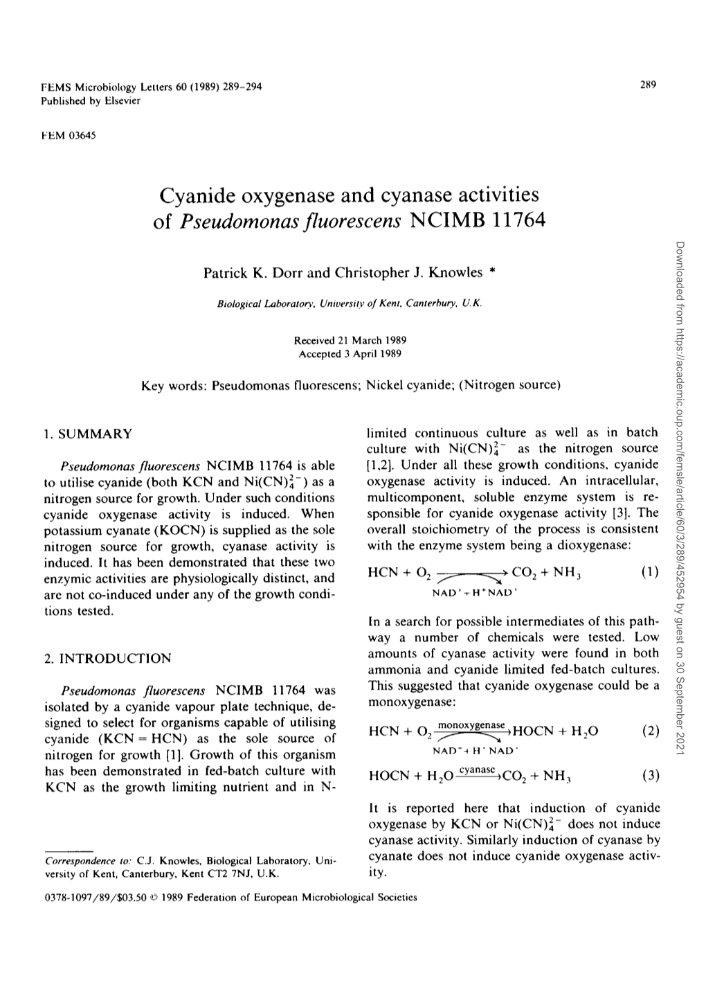 Cyanide Oxygenase and Cyanase Activities of Pseudomonas