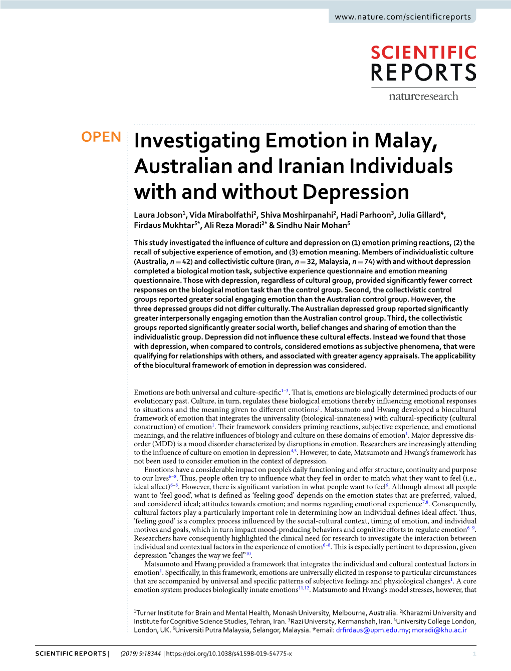 Investigating Emotion in Malay, Australian and Iranian Individuals