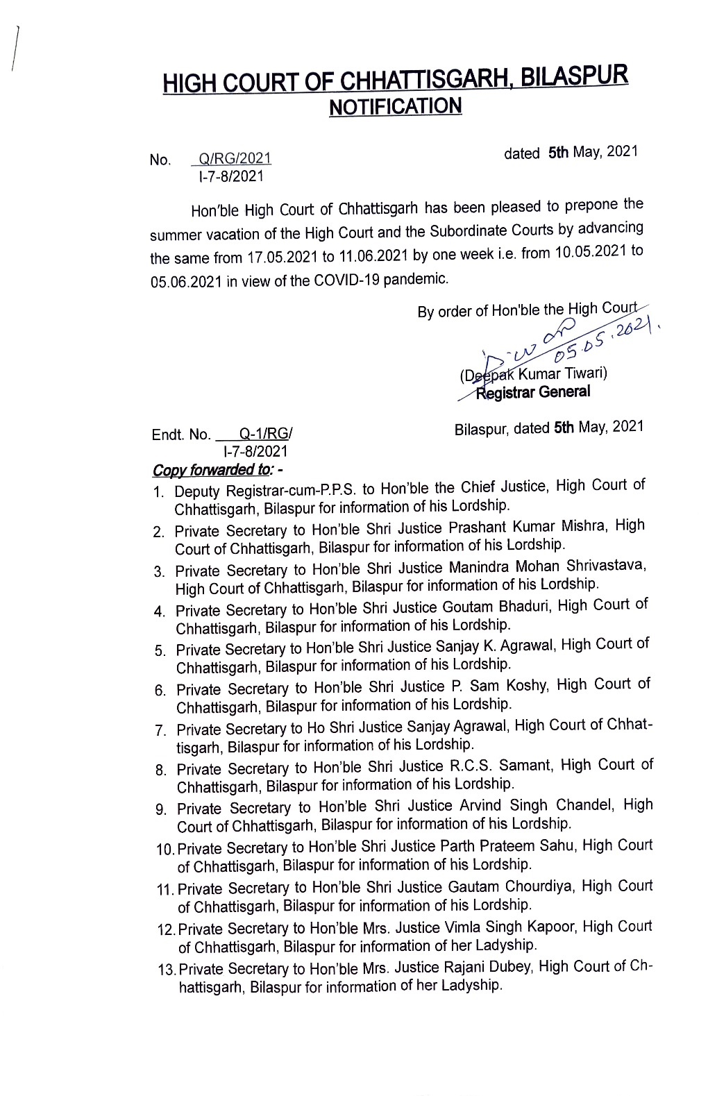 High Court of Chhattisgarh, Bilaspur Notification