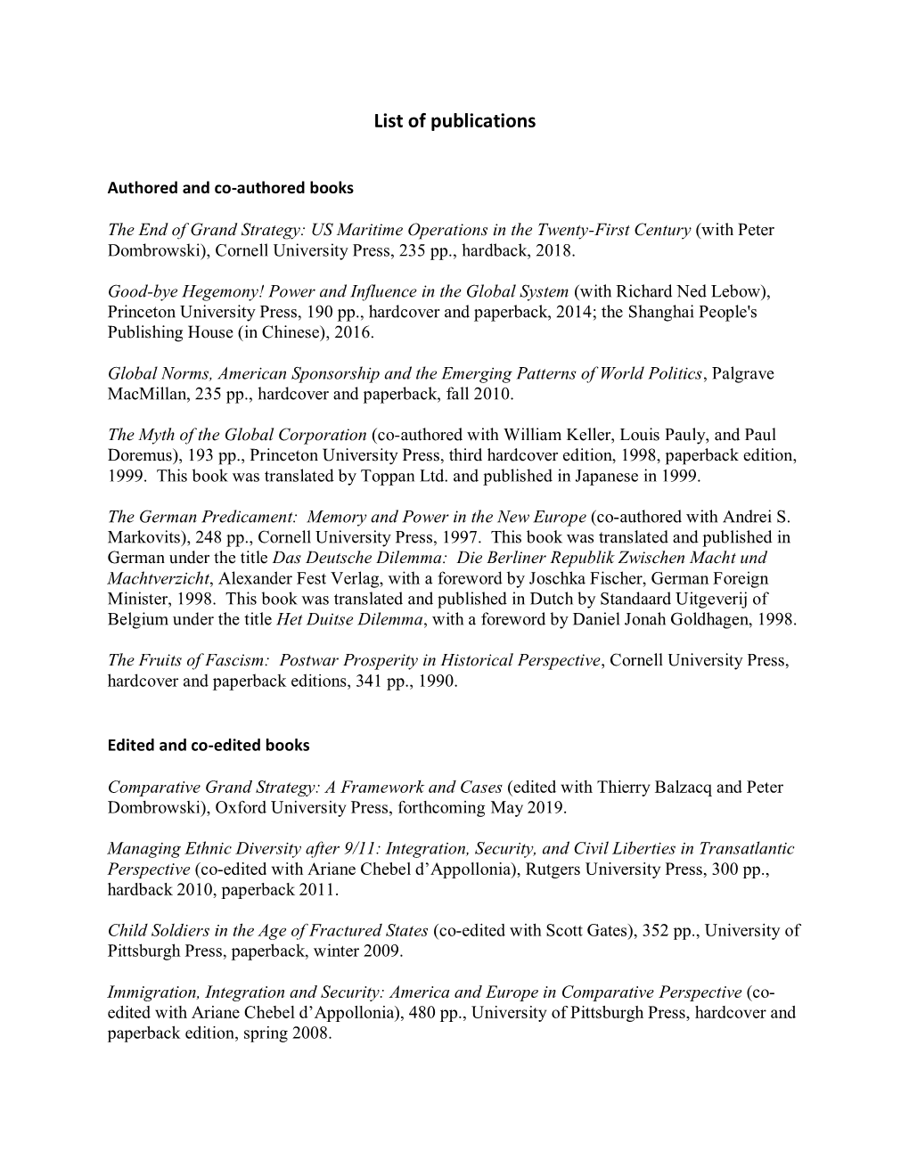 List of Publications