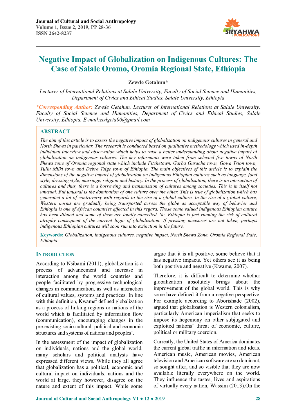 Negative Impact of Globalization on Indigenous Cultures: the Case of Salale Oromo, Oromia Regional State, Ethiopia