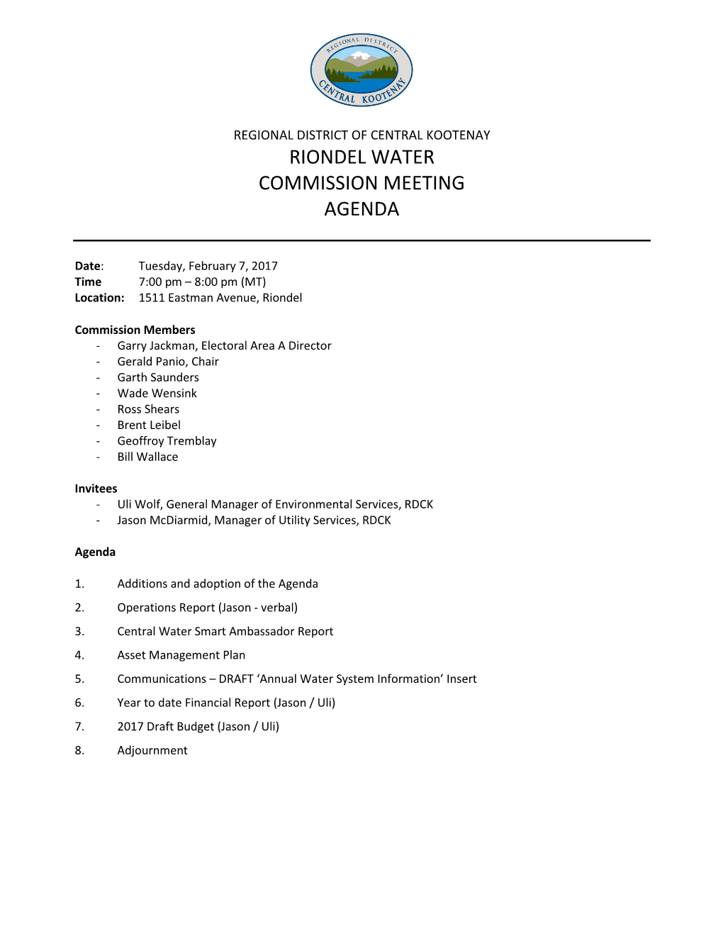 Riondel Water Commission Meeting Agenda