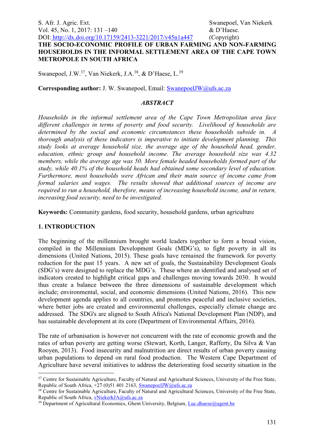 The Socio-Economic Profile of Urban Farming and Non-Farming Households in the Informal Settlement Area of the Cape Town Metropole in South Africa