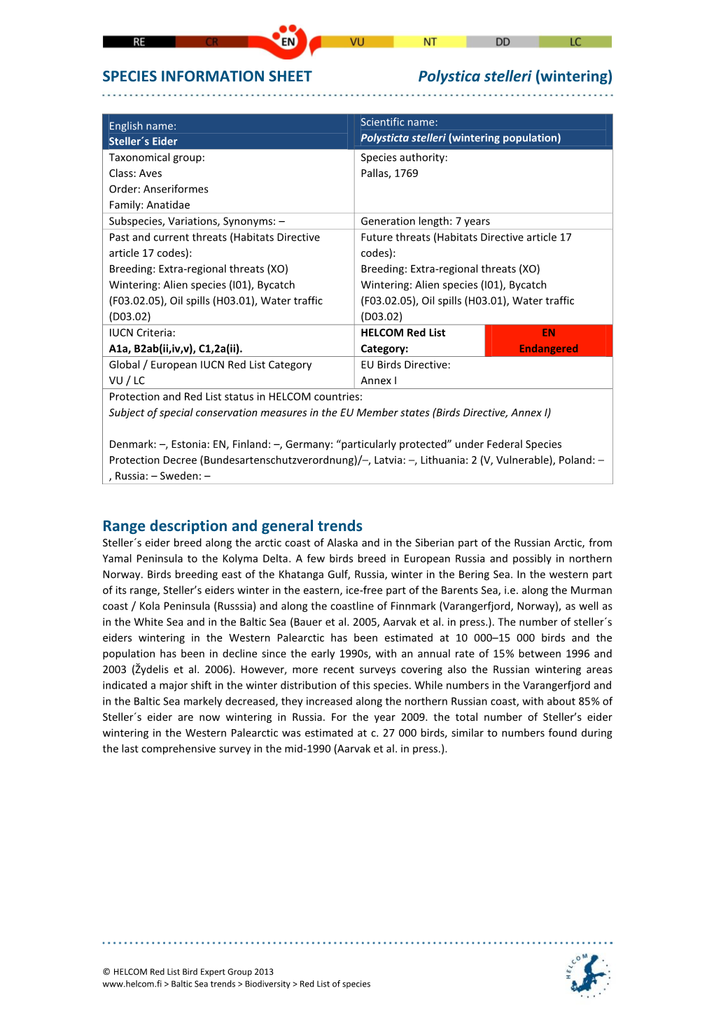 SPECIES INFORMATION SHEET Polystica Stelleri (Wintering)