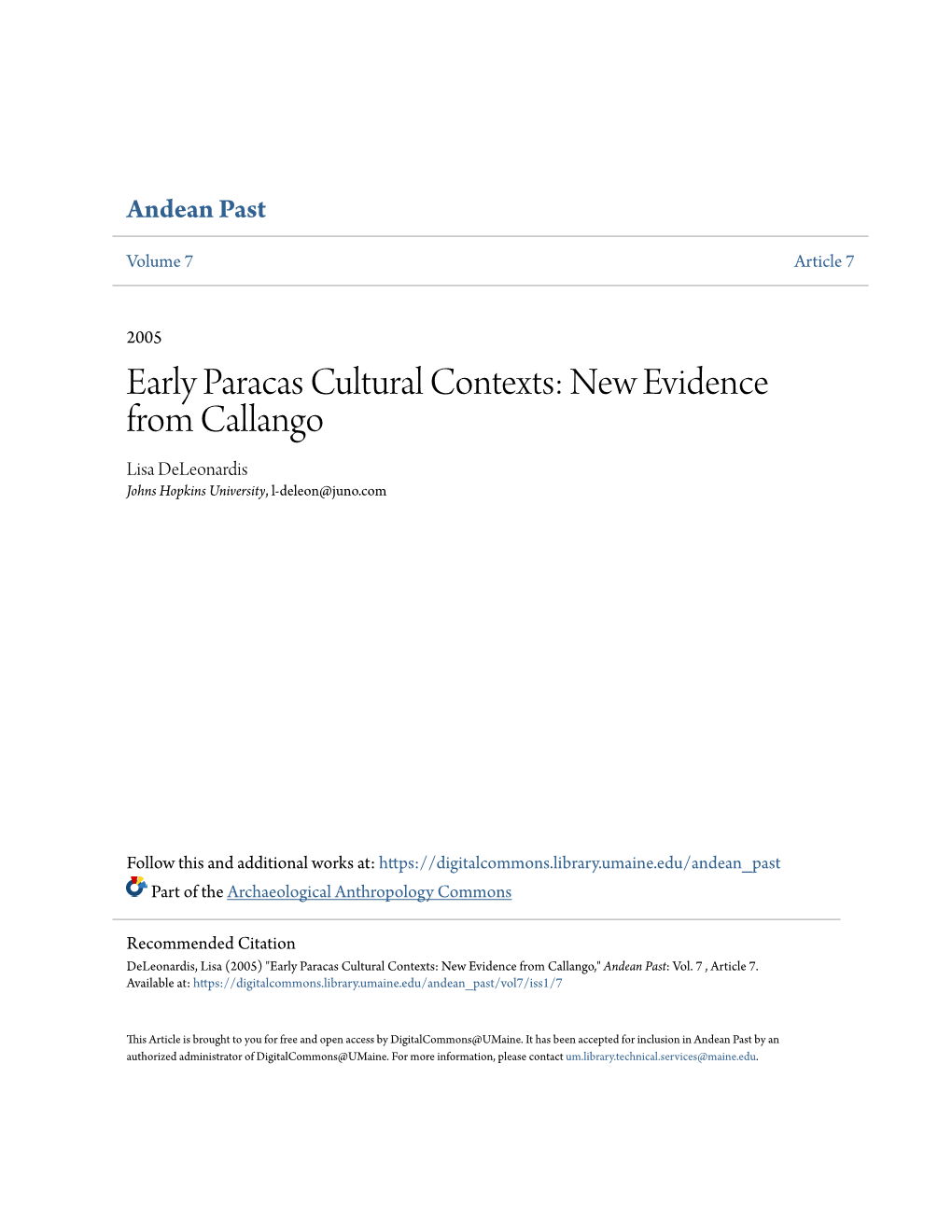 Early Paracas Cultural Contexts: New Evidence from Callango Lisa Deleonardis Johns Hopkins University, L-Deleon@Juno.Com