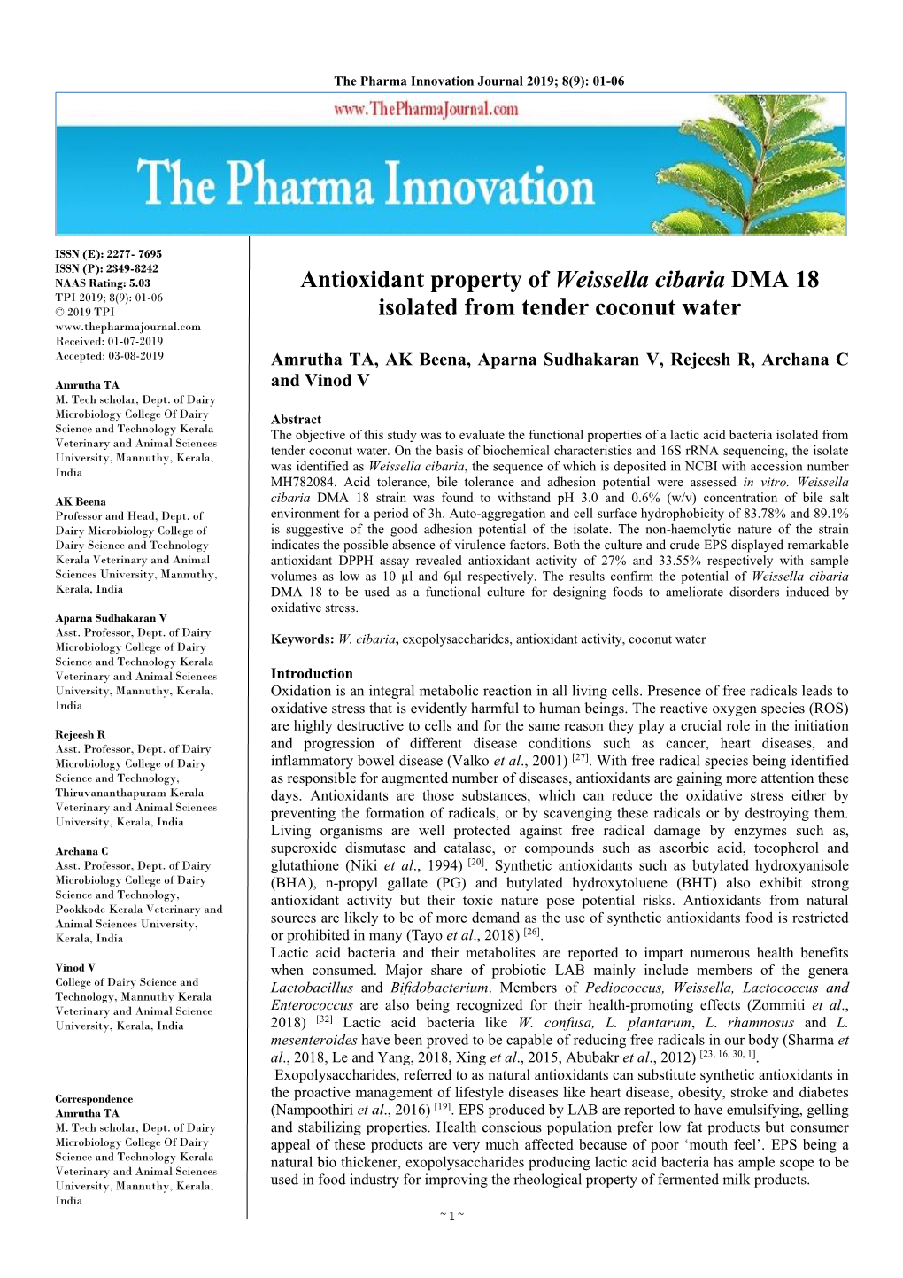 Antioxidant Property of Weissella Cibaria DMA 18 Isolated from Tender