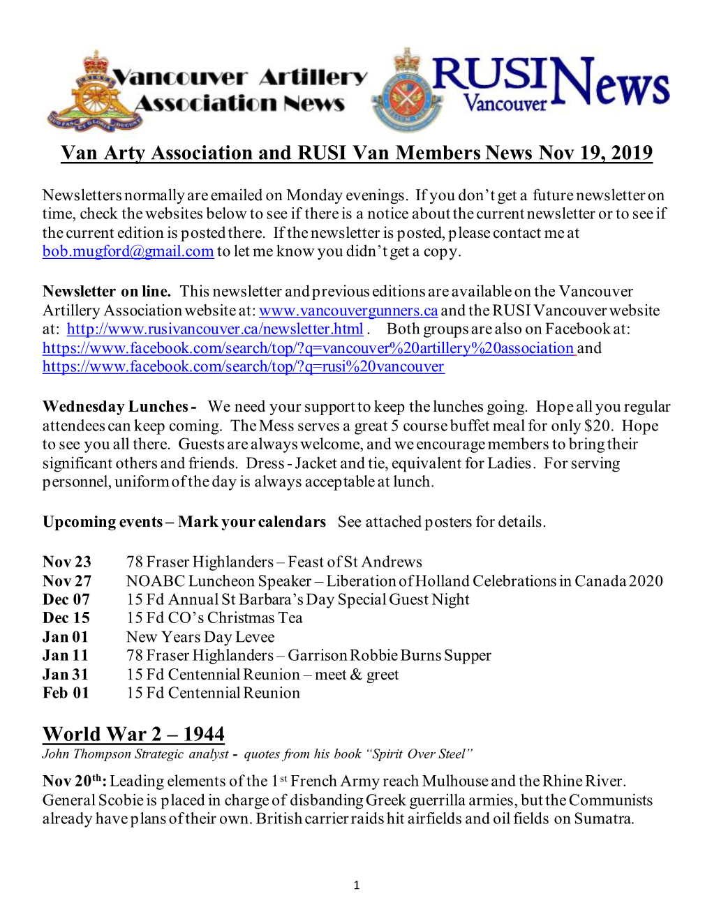 Van Arty Association and RUSI Van Members News Nov 19, 2019 World War 2