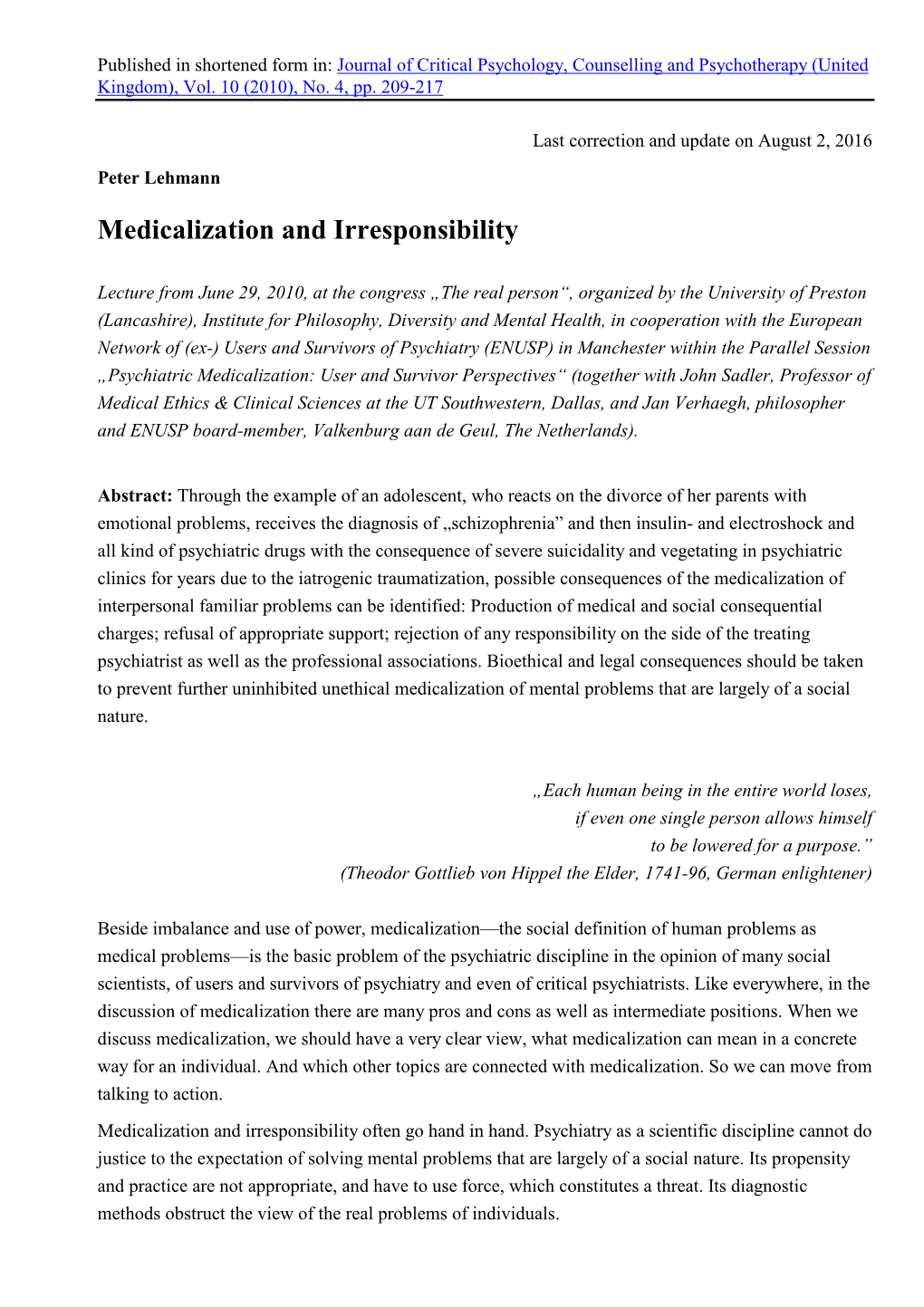 Medicalization and Irresponsibility