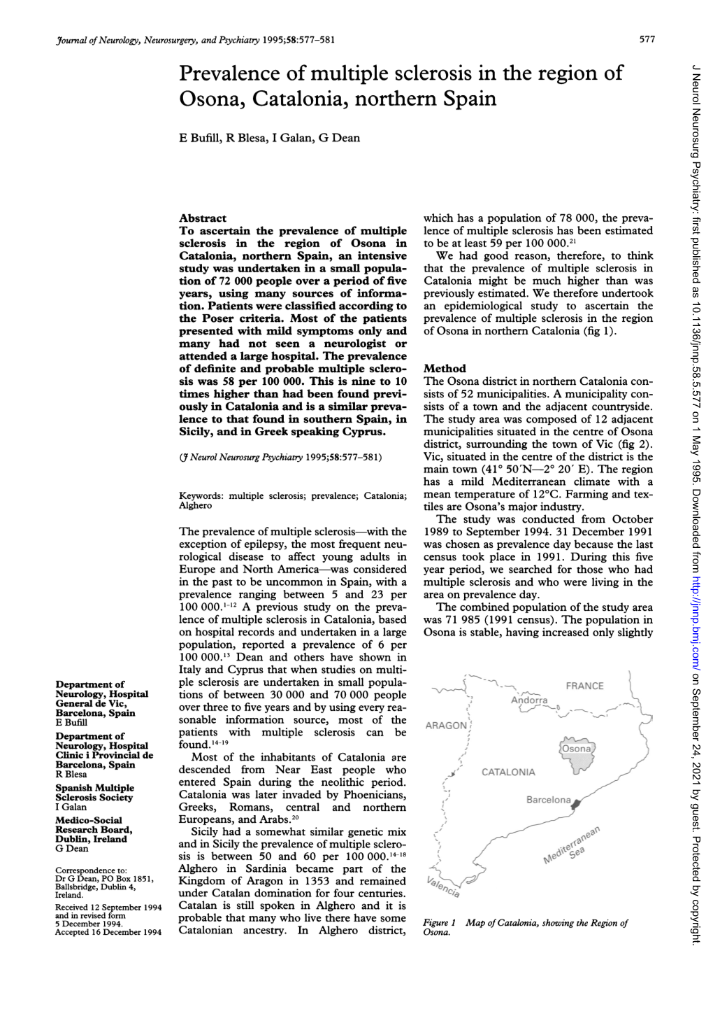 Prevalence of Multiple Sclerosis in the Region of Osona, Catalonia, Northern Spain