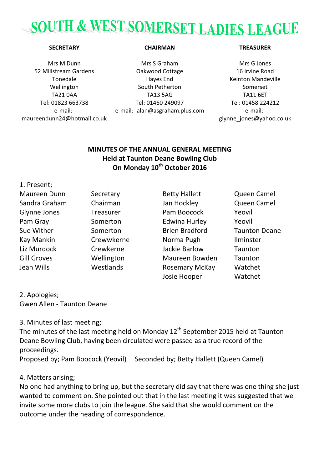 MINUTES of the ANNUAL GENERAL MEETING Held at Taunton Deane Bowling Club on Monday 10Th October 2016