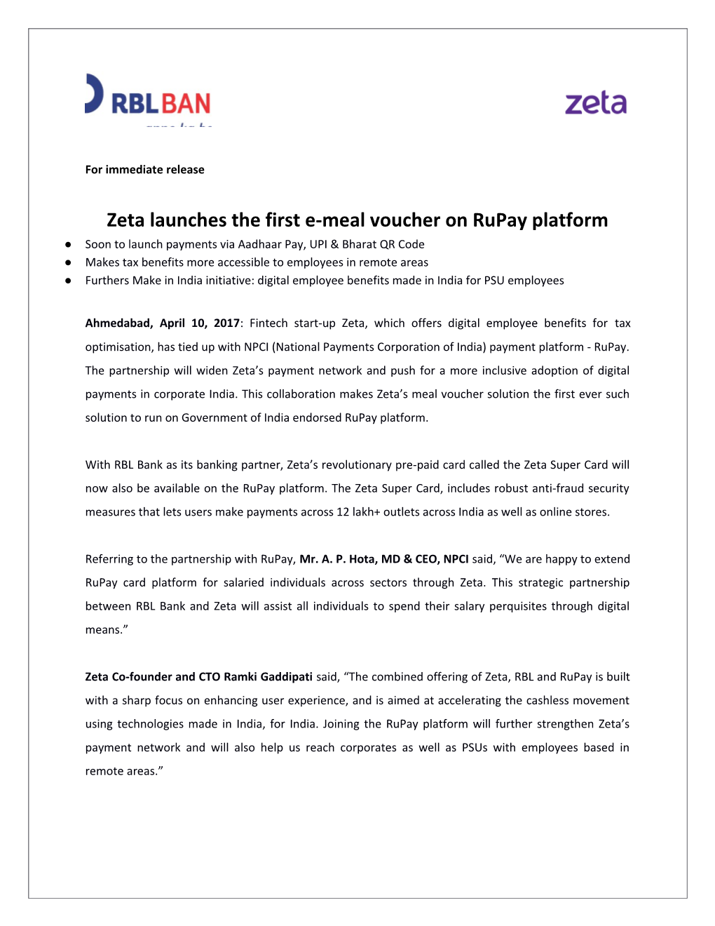 Zeta Launches the First E-Meal Voucher on Rupay Platform