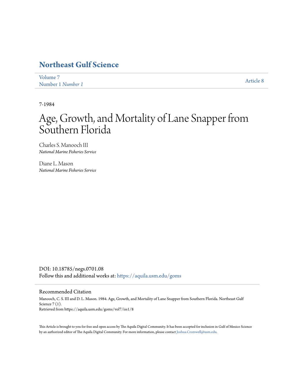 Age, Growth, and Mortality of Lane Snapper from Southern Florida Charles S