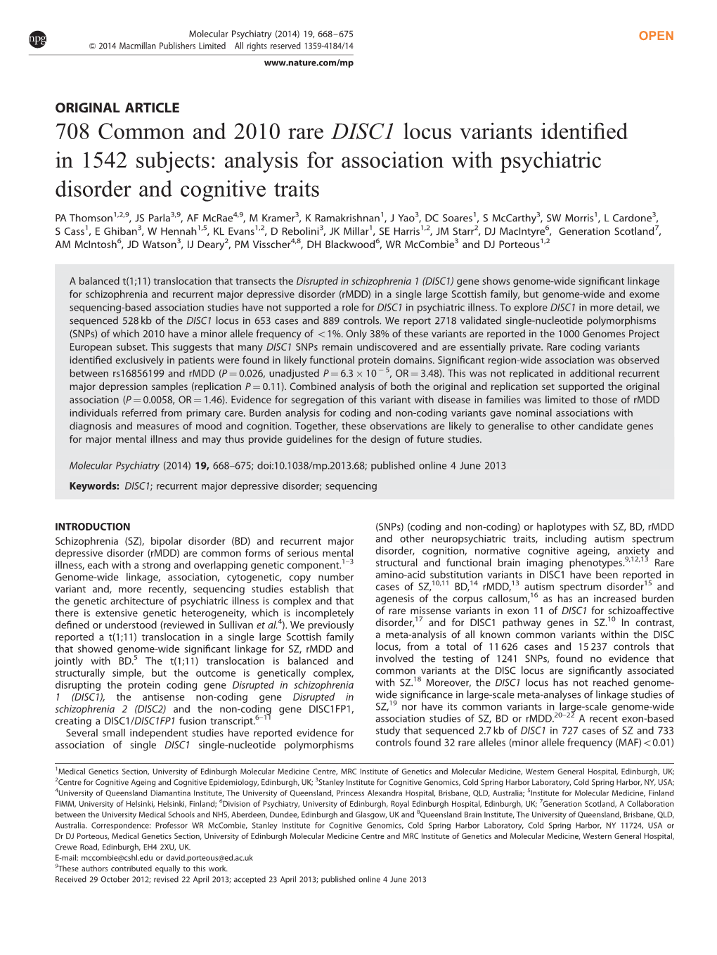 Analysis for Association with Psychiatric Disorder and Cognitive Traits