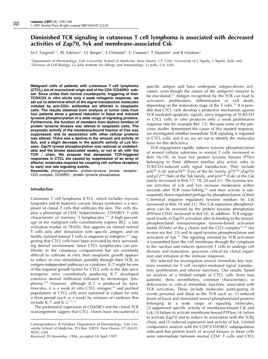 Diminished TCR Signaling in Cutaneous T Cell Lymphoma Is