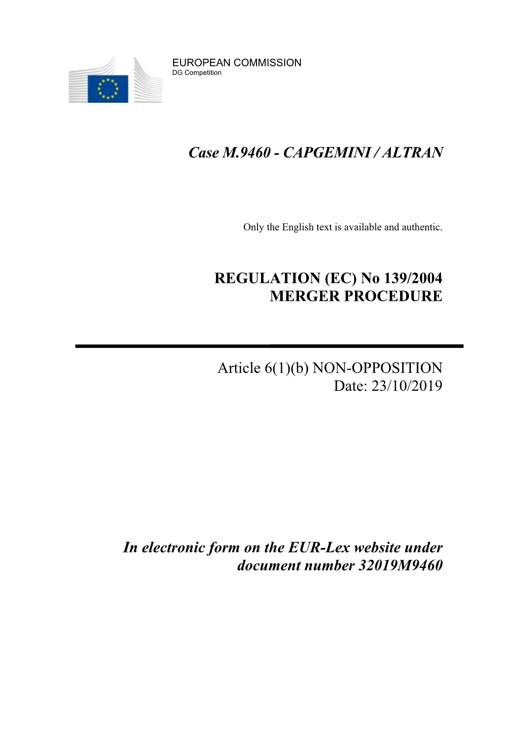 Case M.9460 - CAPGEMINI / ALTRAN