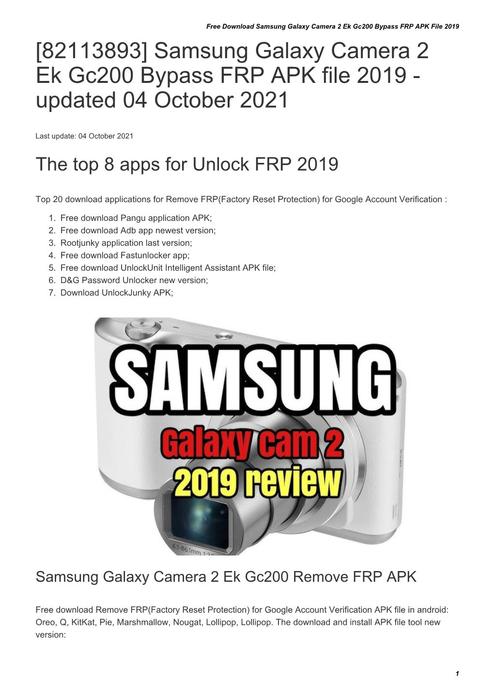 Samsung Galaxy Camera 2 Ek Gc200 Bypass FRP APK File 2019 [82113893] Samsung Galaxy Camera 2 Ek Gc200 Bypass FRP APK File 2019 - Updated 04 October 2021