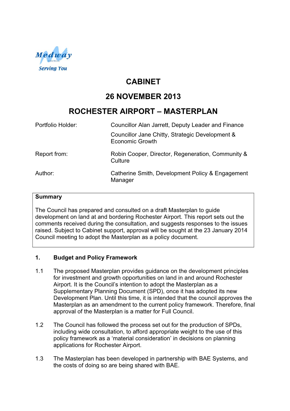 Cabinet 26 November 2013 Rochester Airport – Masterplan