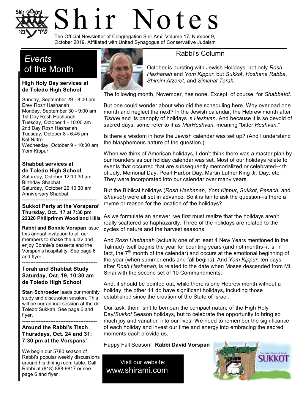 Shir Notes the Official Newsletter of Congregation Shir Ami Volume 17, Number 9, October 2019