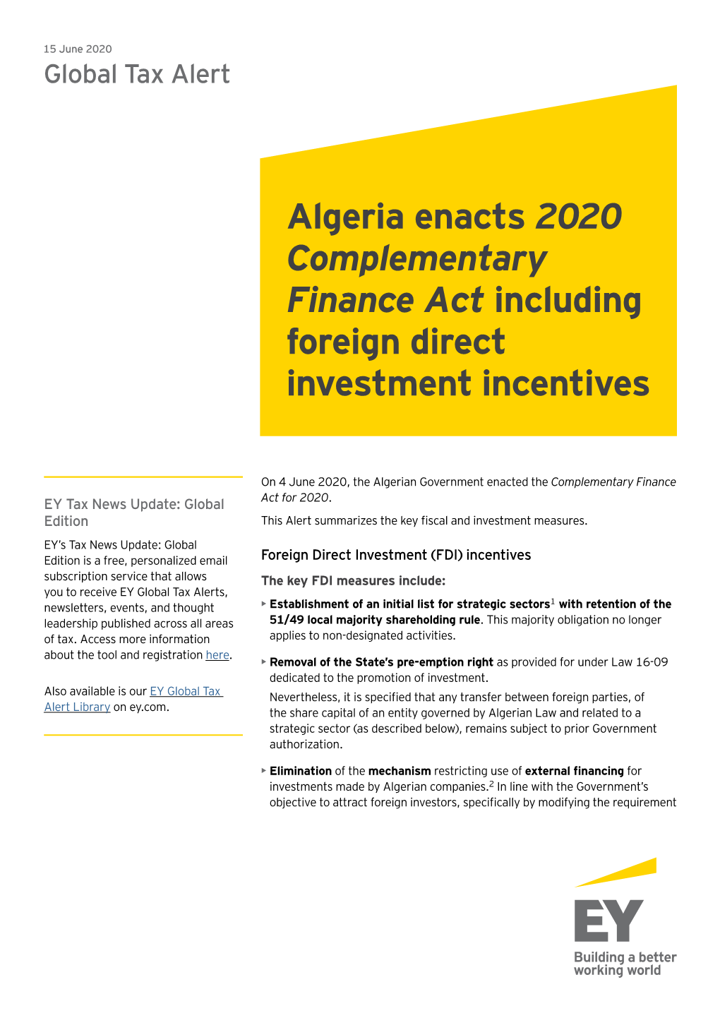 Algeria Enacts 2020 Complementary Finance Act Including Foreign Direct Investment Incentives