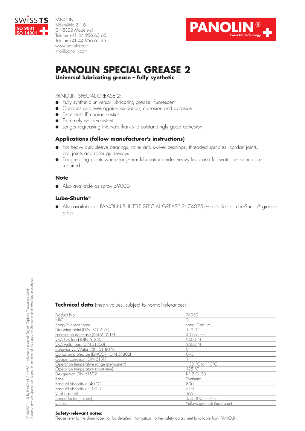 PANOLIN SPECIAL GREASE 2 Universal Lubricating Grease – Fully Synthetic