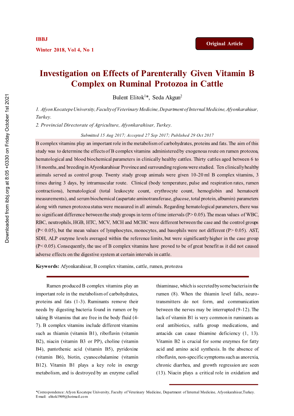 Investigation on Effects of Parenterally Given Vitamin B Complex on Ruminal Protozoa in Cattle
