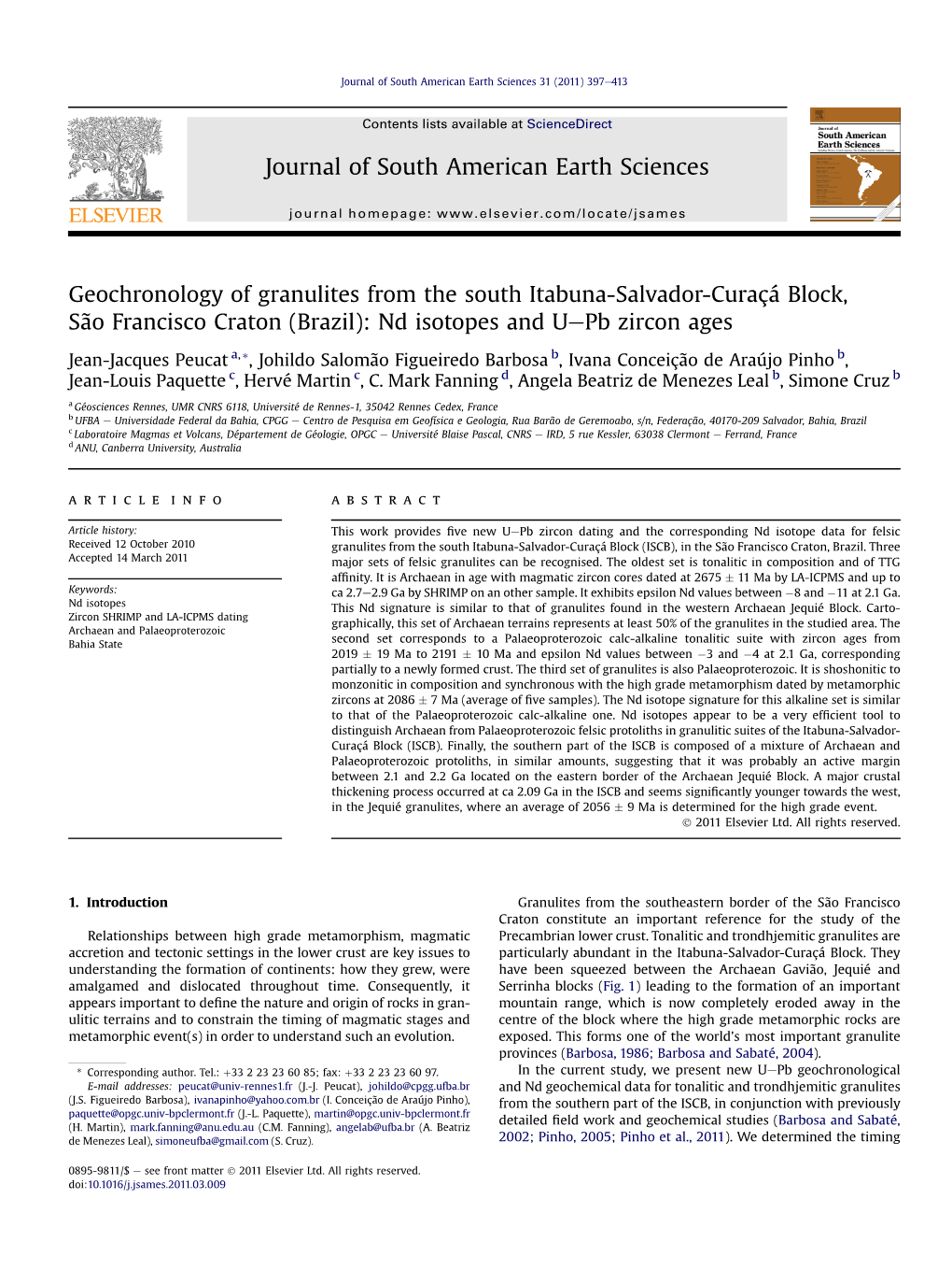 Geochronology of Granulites from the South Itabuna-Salvador-Curaçá Block, São Francisco Craton (Brazil): Nd Isotopes and Uepb Zircon Ages