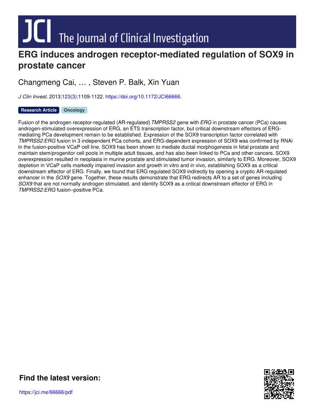 ERG Induces Androgen Receptor-Mediated Regulation of SOX9 in Prostate Cancer